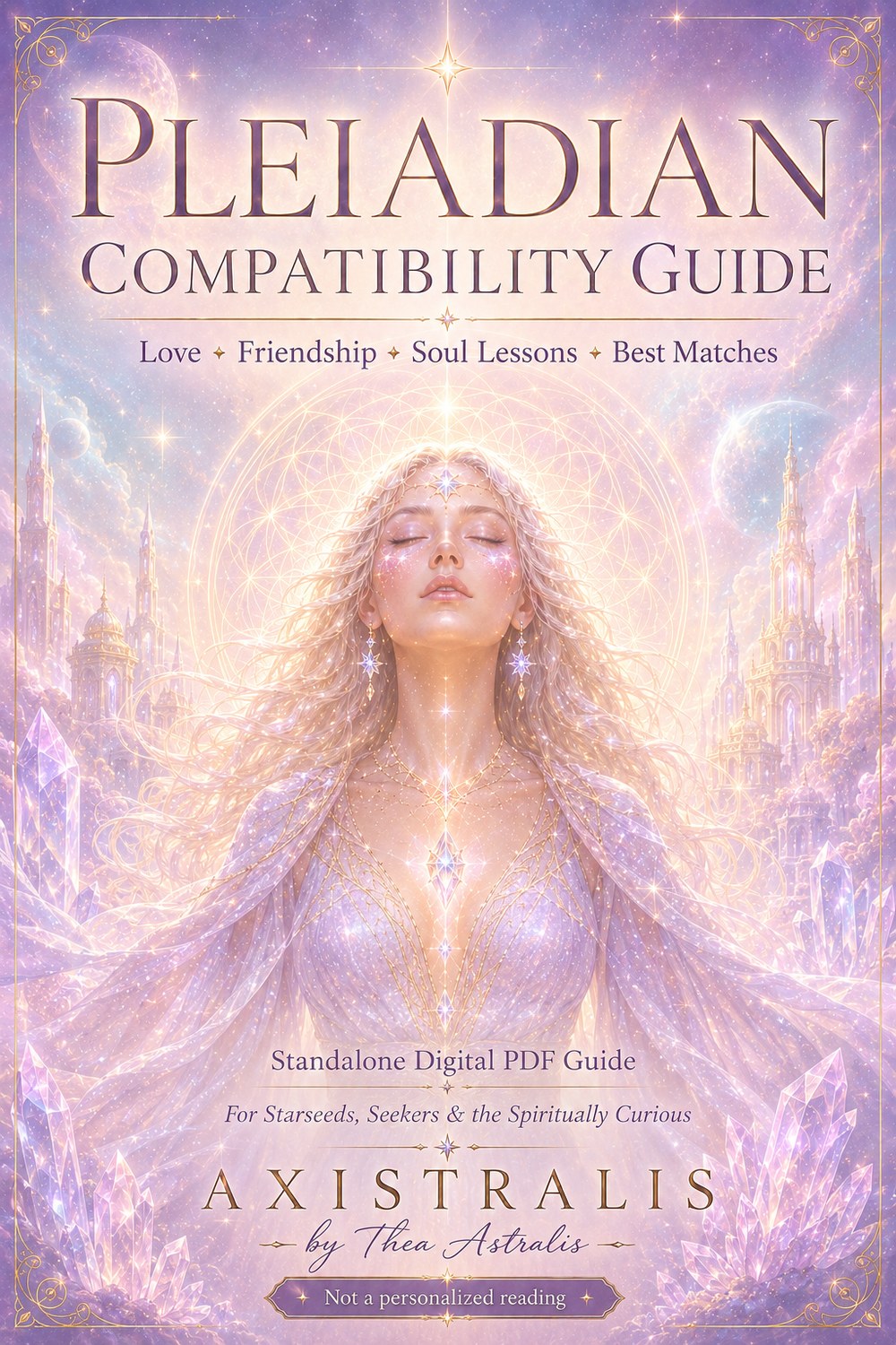 Cover of the Starseed Pleiadian Compatibility Guide — a Pleiadian figure haloed in lavender and gold light above crystal spires